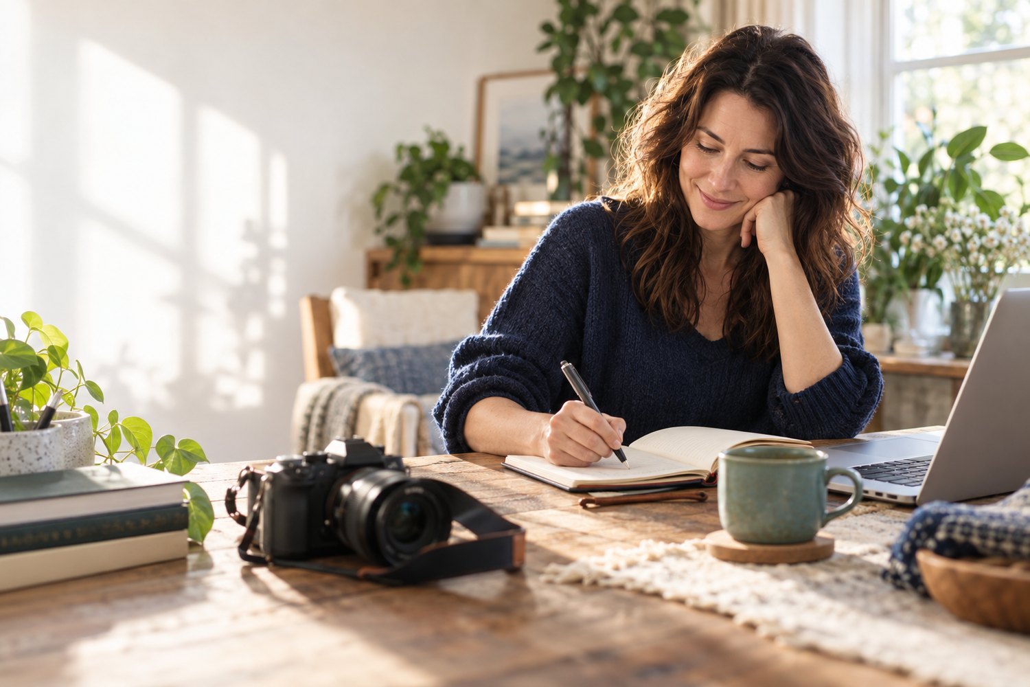 Adult learner writing in a notebook beside a laptop and camera in a bright, welcoming home workspace